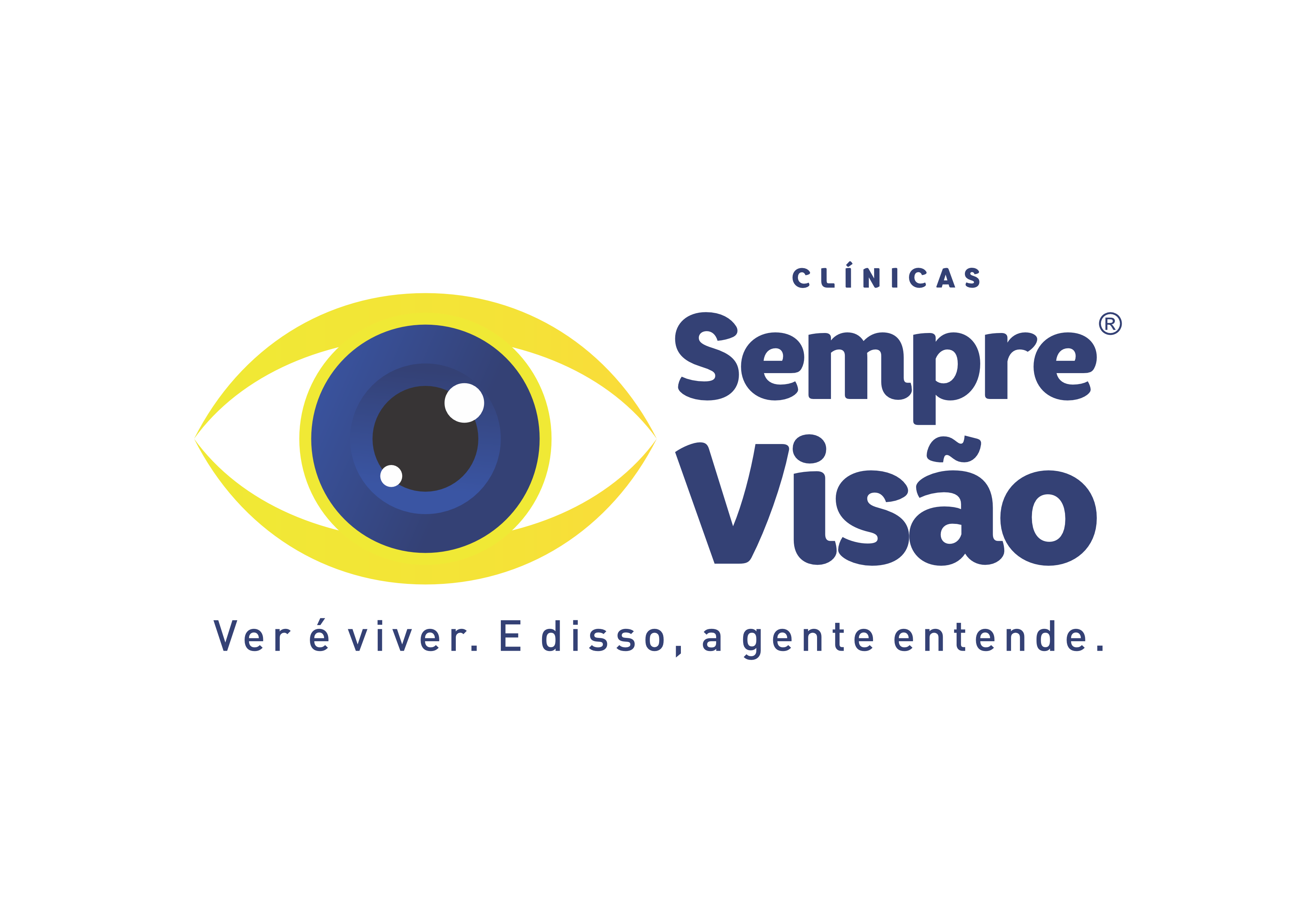 logo sempre visão: á esquerda o desenho de um olho com linhas amarelas e azuis, á direita Sempre Visão.
